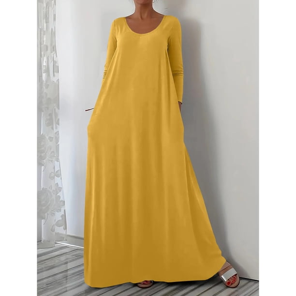 mfyjkho Vestidos midi para mujer, Vestido de mujer de moda de color liso con cuello en V y manga larga, falda larga con bolsillo Vestidos de otoño s