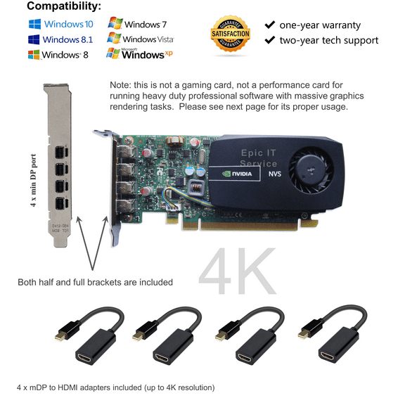Epic IT Service - Quadro NVS 510 with Four Mini Displayports, Both Half and Full Brackets, and 4 x mDP to HDMI Adapters, 4K resolution (1 Year Warranty)