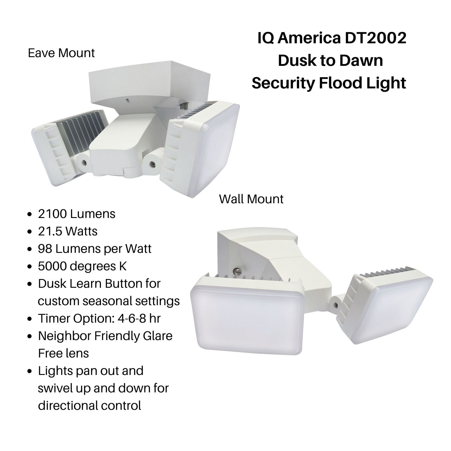 IQ America DT2002 LED Energy Saving Outdoor Weatherproof Dusk-to-Dawn Security Flood Light w Timer 2100 Lumens Eave or Wall Mount Commercial Residential WH