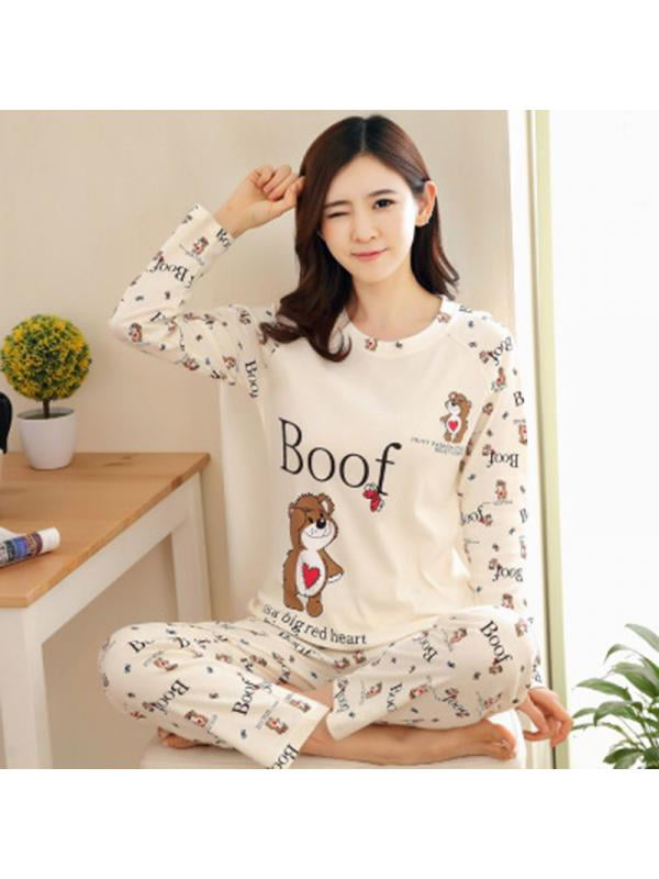 Pants Sleepwear Nightwear Women Cat Print Pajamas PJS Set Long Sleeve Top