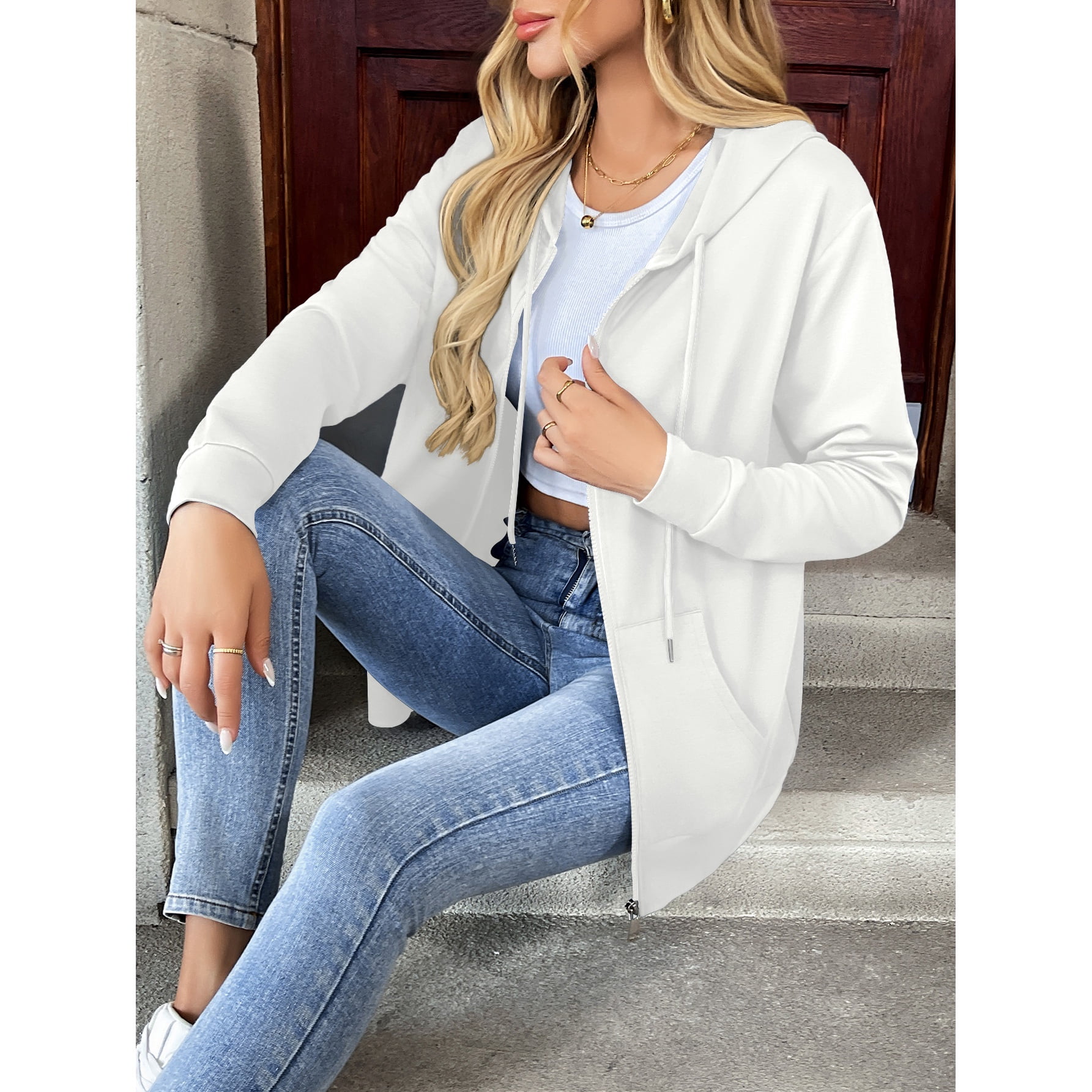 HOWCOME Women Casual Full Zip Up Hoodie - Lightweight Long Sleeve Sweatshirt Jacket with Pockets Fall/Winter Jacket, White 2X-Large