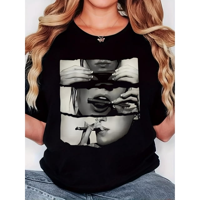 Camiseta gráfica "Cool Girl" para mujer: elegante camiseta negra con estampado artístico, cuello redondo, manga corta, informal y cómoda, corte holgado | Estampado geométrico | Acabado brillante, top