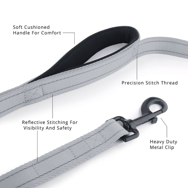 Plutus PET Double Handle Dog Leash 6ft Long, Padded Traffic Handle, Heavy Duty and Reflective, Training Leash for Medium Large Dogs, Gray