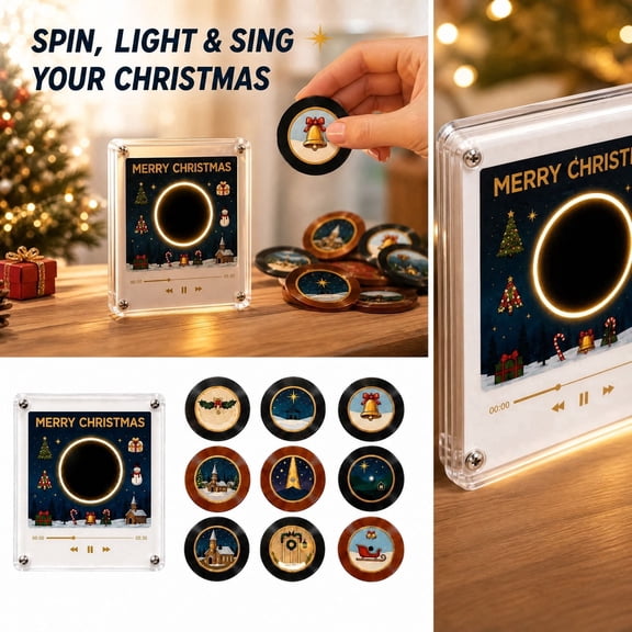 Christmas Fridge Magnet Music Player Set with 9 Vinyl‑Style Discs USB‑C Mini Record‑Inspired Magnetic Music Box Phone‑Free Playback for Decorations and Gifting