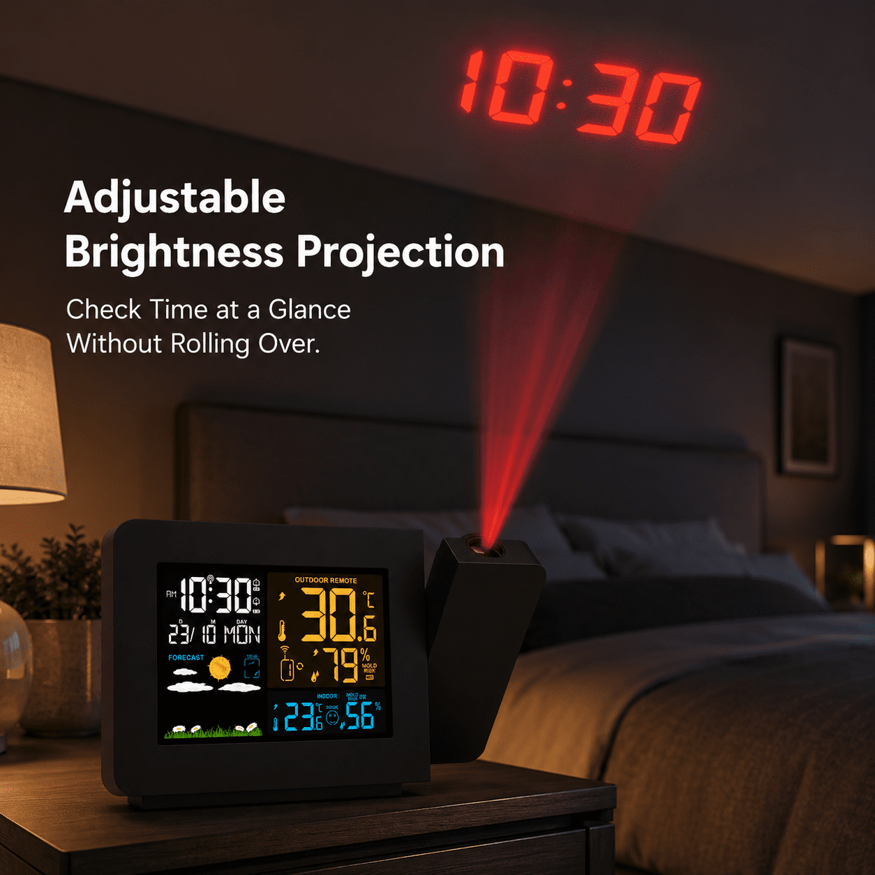 Atomic Projection Alarm Clock with Weather Station, WWVB Radio, Dual Alarms, Snooze, and Wireless Temperature & Humidity Sensor