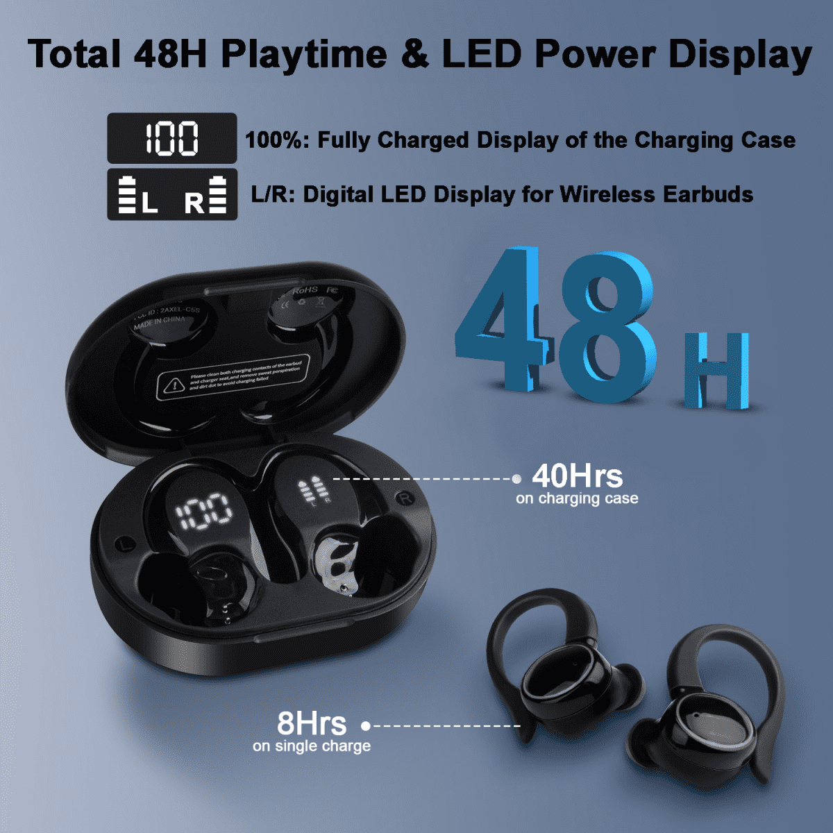 Wireless Earbud for iPhone,Android Bluetooth Headphones 48hrs Playtime Waterproof IPX8 Noise Cancelling Bluetooth Headset In-Ear Earbuds with Ear Hooks and Charging Case