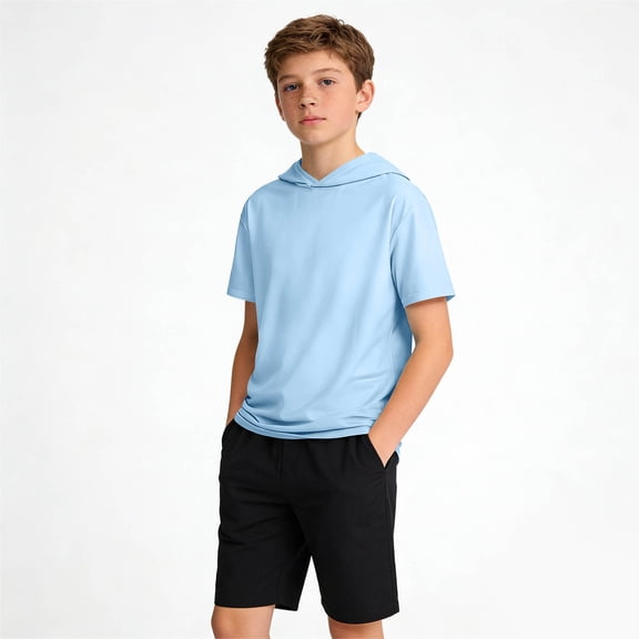 ZVNAΖH Boys' Short Sleeve Hooded T-Shirt, Casual Solid Pullover for Kids 5-15 Years