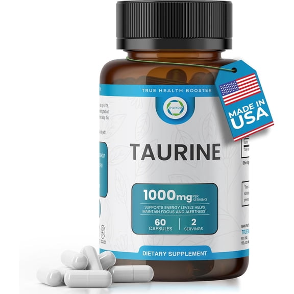 TrueMed Taurine 1000mg Amino Acid Supplement for Energy support, Focus & Mental clarity, Electrolyte balance & Antioxidant support, Caffeine-free Non-stimulant, 60 capsules