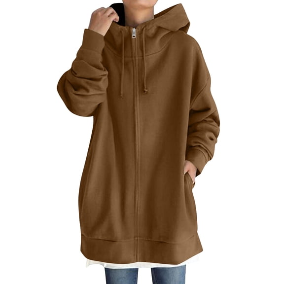 Kopltyrfg Oversized Zip Up Hoodies for Women Plus Size Long Fleece Jacket Casual Long Sleeve Cute Sweatshirts with Pockets Coffee 4XL