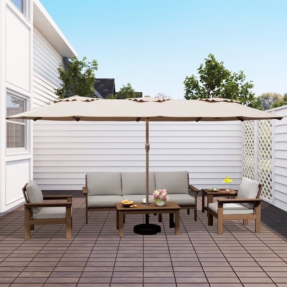 KINGYES 8 Piece HDPE Patio Furniture Set with Umbrella, All Weather Outdoor Modular Sectional Sofa Set, Patio Conversation Set, Brown Frame with Beige Cushions