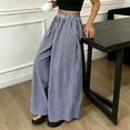thumbnail image 5 of Cagogo Women's Striped Wide Leg Pants Elastic Waist Casual Loose Flowy Long Trousers for Summer Beach Travel Lounge Palazzo Style, Blue L, 5 of 9