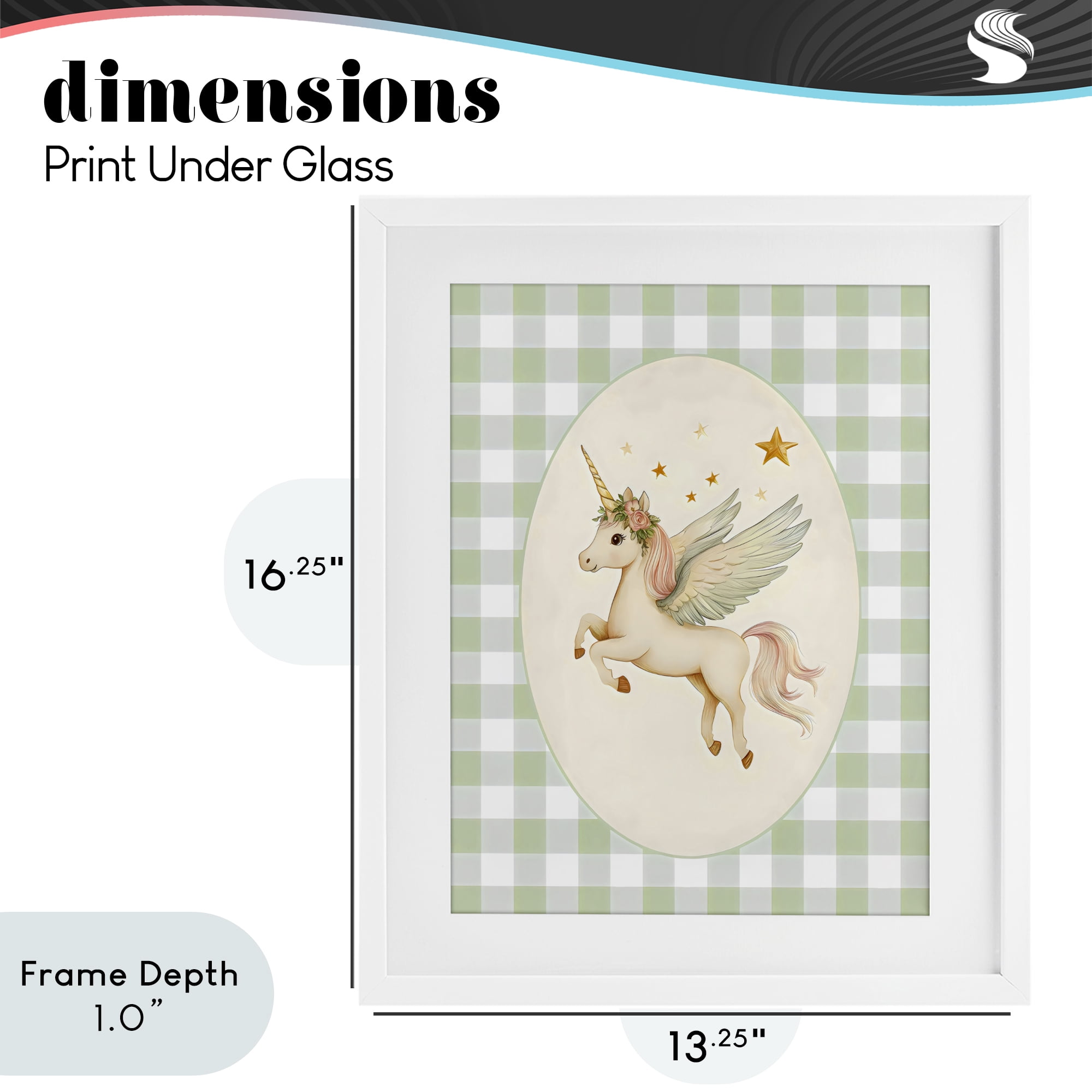 Stupell Industries Winged Unicorn over Green Gingham White Framed Print Under Glass, design by Arlington Prints