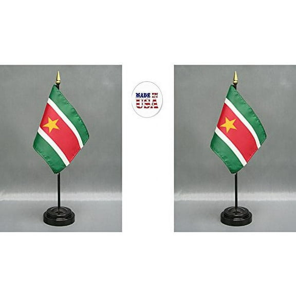 Made in The USA. 2 Suriname Rayon 4"x6" Miniature Office Desk & Little Hand Waving Table Flags Includes 2 Flag Stands & 2 Small Mini Surinamer Stick Flags