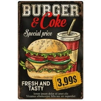 Original Retro Design Tin Metal Sign Wall Art | Fresh And Tasty Burger And Coke | Thick Tinplate Print Poster Wall Decoration For Restaurant/Kitchen