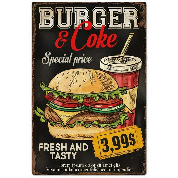 Original Retro Design Tin Metal Sign Wall Art | Fresh And Tasty Burger And Coke | Thick Tinplate Print Poster Wall Decoration For Restaurant/Kitchen