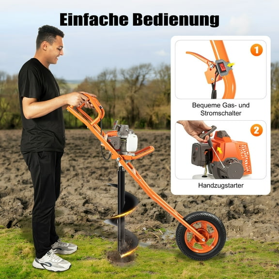 2200W 63CC 2 Stroke Post Hole Digger 3HP Gas Powered Earth Auger Borer Ground Drill Gasoline Earth Auger Wheelbarrow with 11" Bit, for Fence Ground Drill Garden Tree Planting