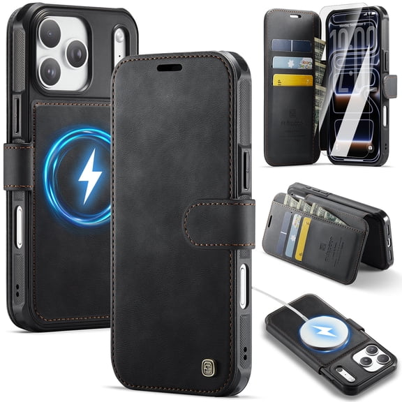 Dteck Flip Wallet Case for iPhone 17 Pro Max with Screen Protector, PU Leather RFID Blocking Card Holder Shockproof Magnetic Phonoe Cover,Black