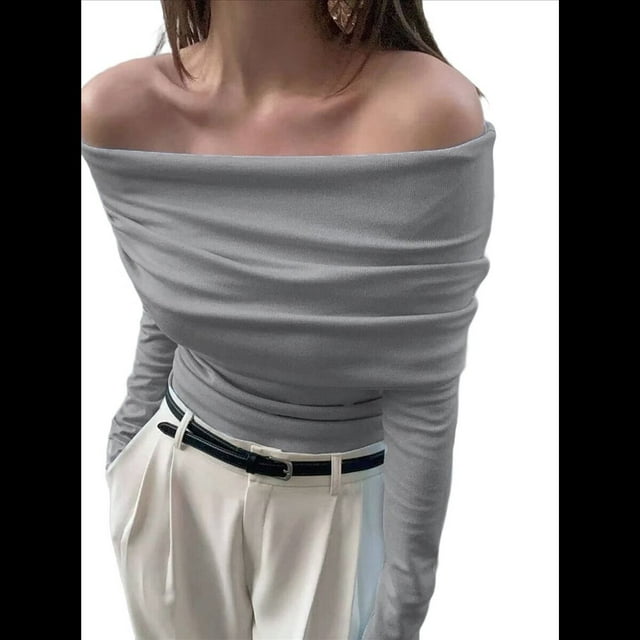 Body de Larga con Hombros Descubiertos para Mujer, Sexy, Adelgazante, Top de Transparente con Fruncido, Gris L