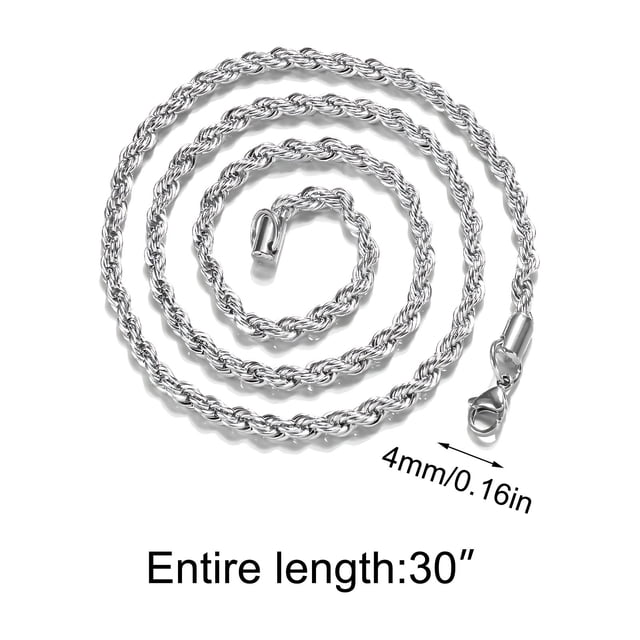 HHBEAUTY Stainless Steel Chain 925 Silver Rope Chains 4mm Twist Rope Necklace 30 Inch, Stainless Steel Rope Jewelry for Men & Women