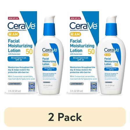 (2 pack) CeraVe AM Moisturizing Face Lotion with SPF 50 Sun Protection for Normal to Oily Skin, 3 fl oz
