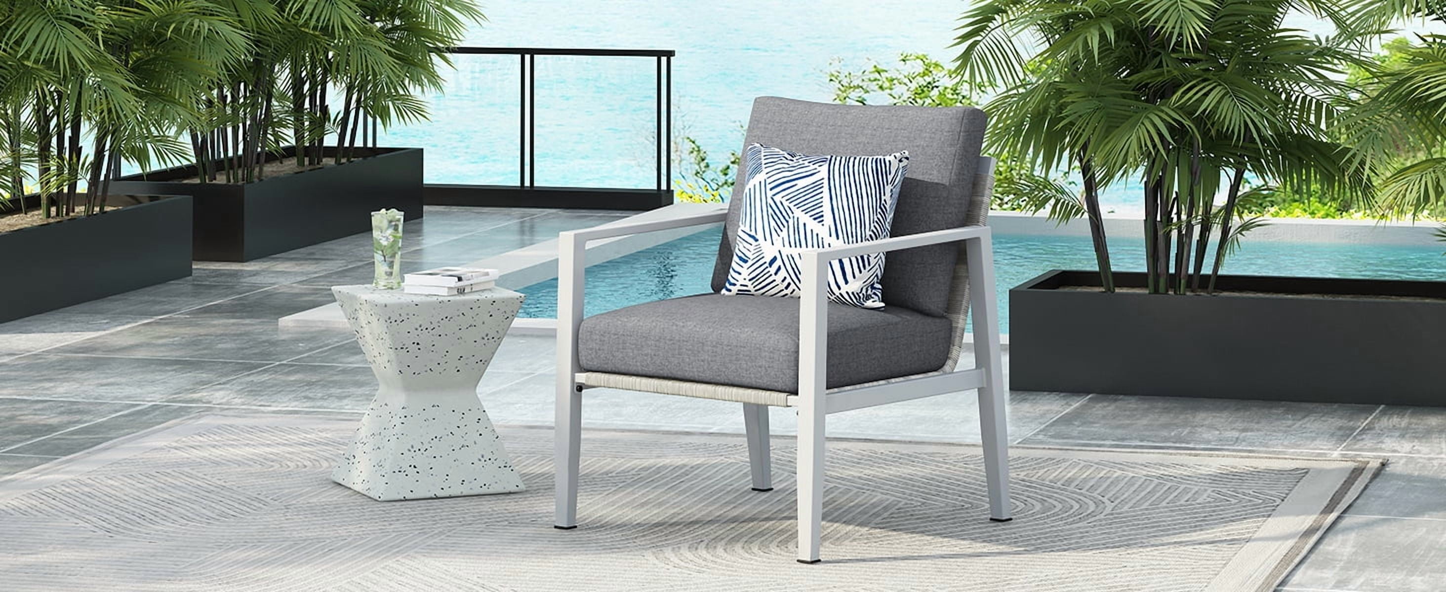 Accent Lounge Chair, Silver Aluminum Chair with Sleek Rope Details and Comfort Cushions for Patio, Silver and White