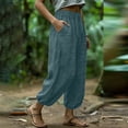 thumbnail image 4 of aohooy Women Casual Lightweight Drawstring Elastic Waist Pants Flowy Palazzo Trousers with Pockets Cotton Summer Vacation Pant Blue,M, 4 of 7