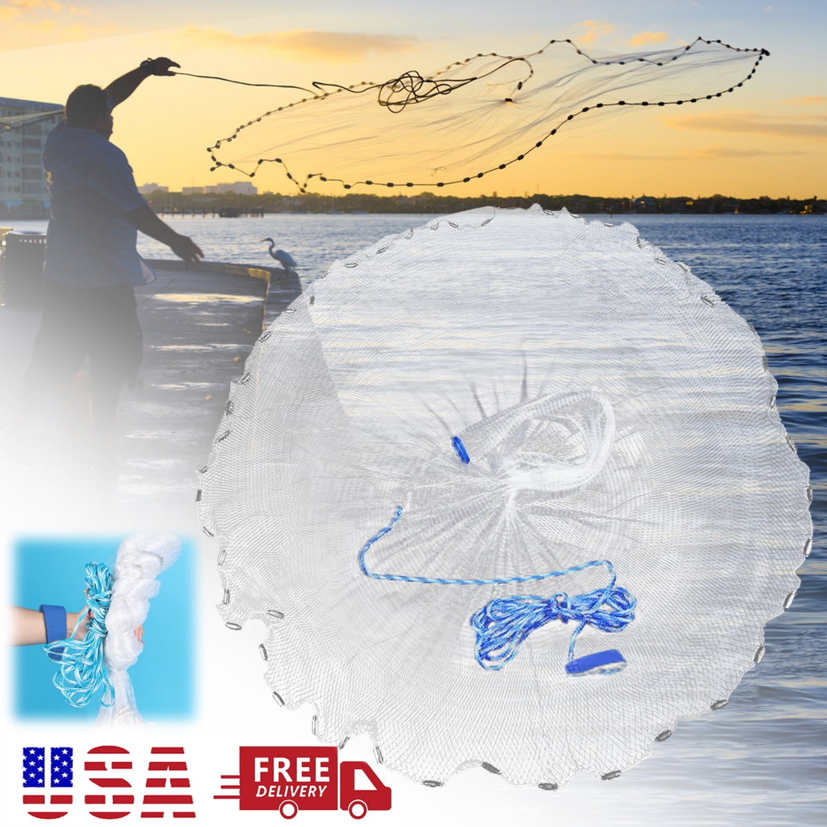 6-16ft Saltwater Fishing Cast Net w/Aluminum Ring Easy Throw Bait