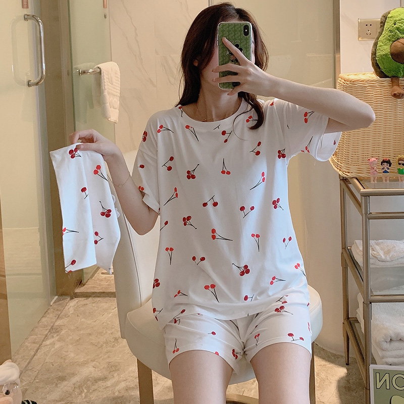 Women Thin Summer Pajama Set Cherry 