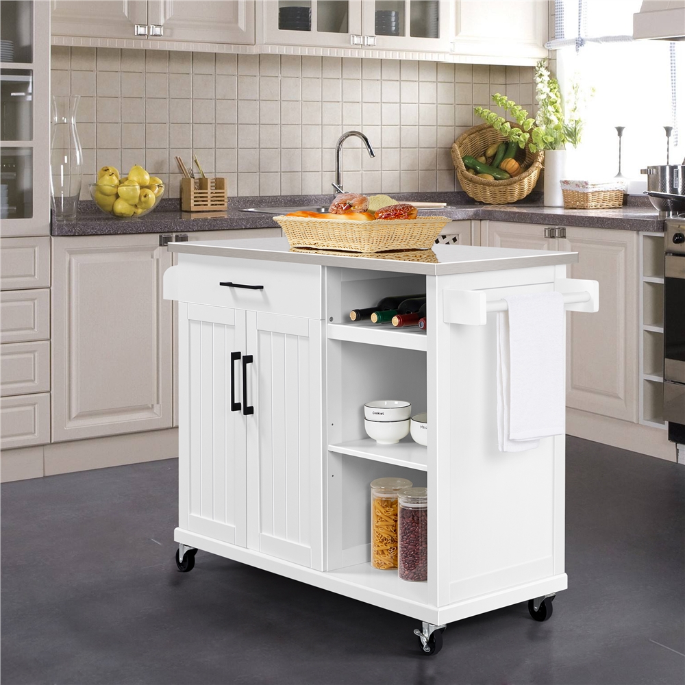 White Yaheetech Kitchen Island On Lockable Wheels With 2 Storage Drawers Bamboo Countertop Kitchen Trolley Cart With Adjustable Shelves And Towel Bar Kitchen Dining Room Furniture Home Kitchen Rayvoltbike Com