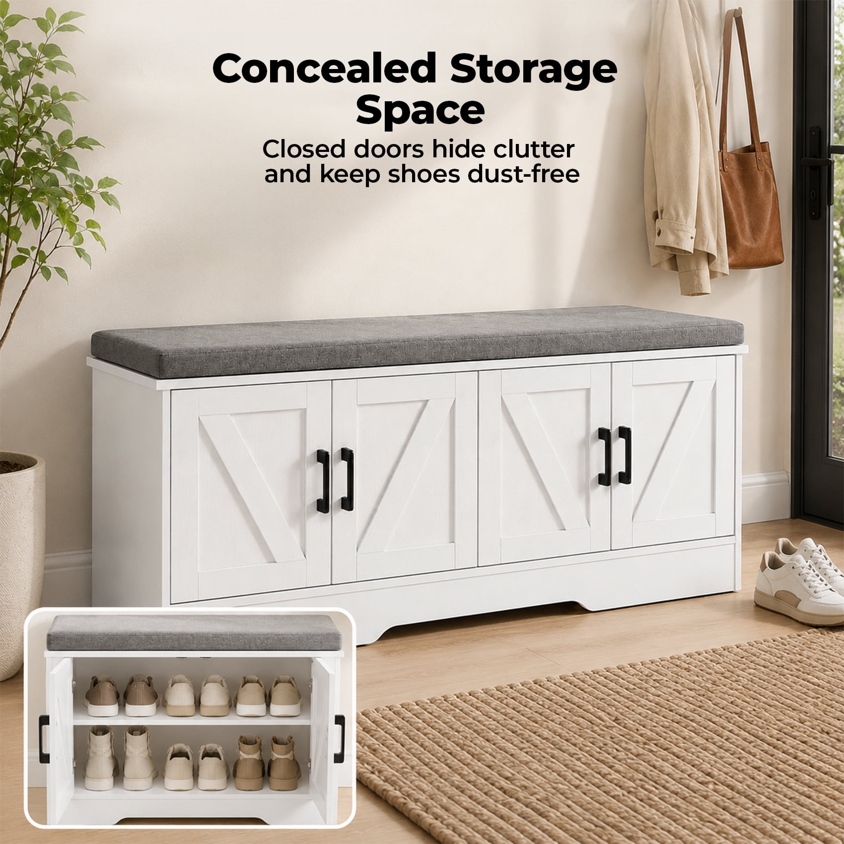 Alvantor White 2-Tier Wooden Shoe Storage Cabinet with Cushioned Seat, Adjustable Shelves for Entryway, Bedroom