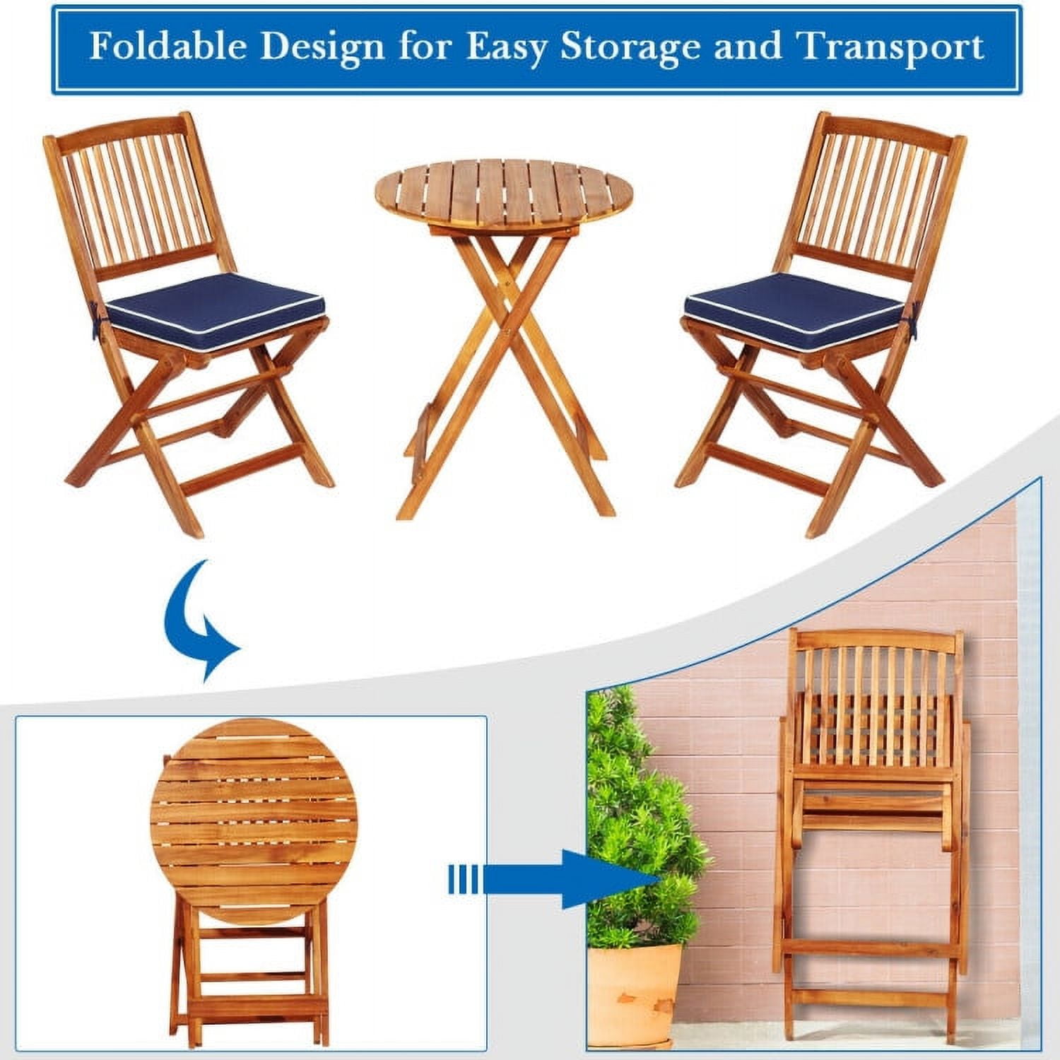 Aimee Lii 3 Pieces Patio Folding Bistro Set with Padded Cushion and Round Coffee Table, Navy Aimee Lii 3 Pieces Patio Folding Bistro Set with Padded Cushion and Round Coffee Table, Navy