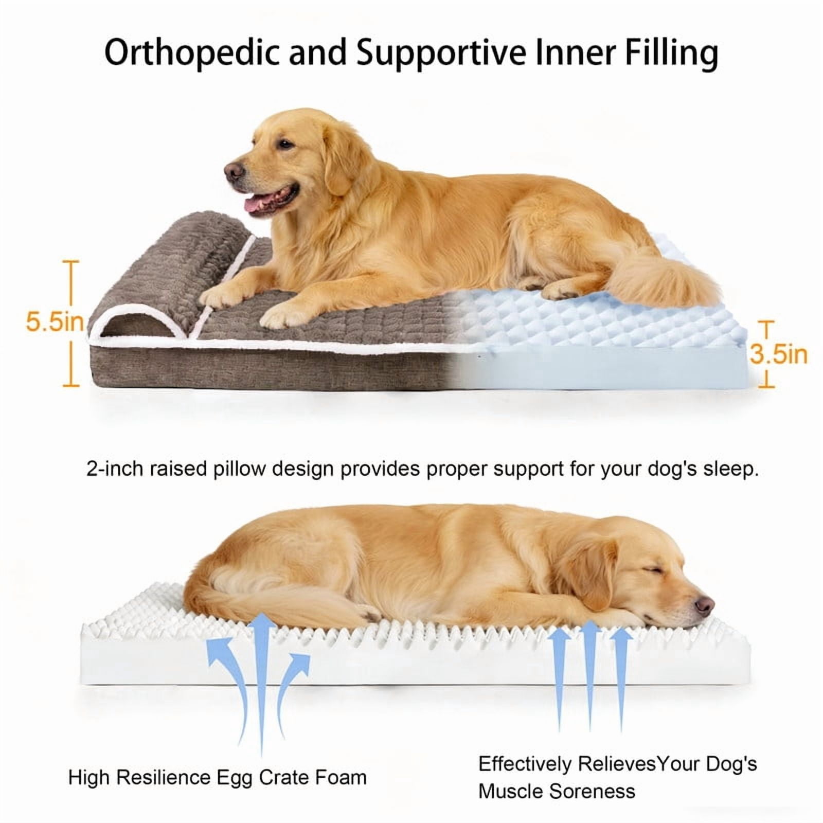 Exclusivo Mezcla Orthopedic Dog Bed with Head Pillow for Large Dogs, Removable and Machine-Washable Cover, 42"X28", Brown