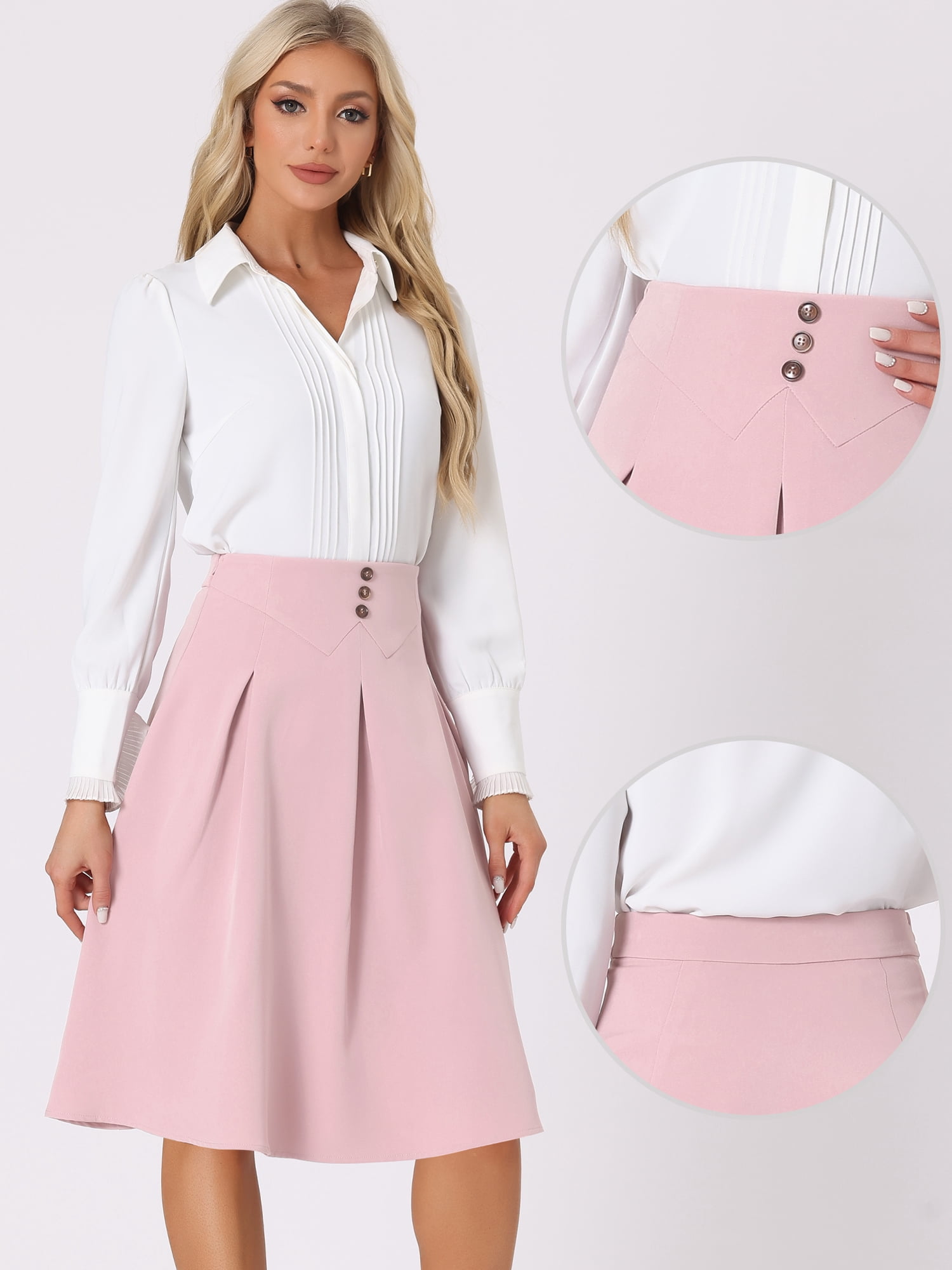 DARING DIVA Women's Elegant Casual Office A-Line Button Decor Midi Skirts L Pink