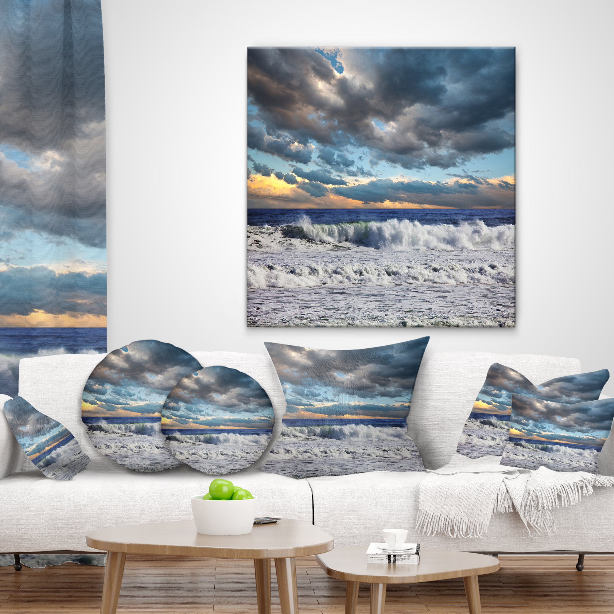 Designart Heavy Storm in Ocean at Sunset - Modern Beach Throw Pillow - 12x20