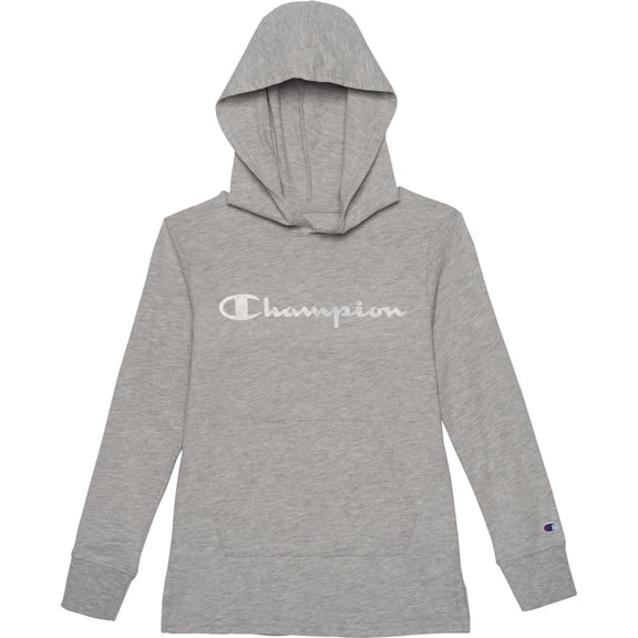 Champion Big Girls Hooded Long -Sleeve Iridescent Logo Graphic T-Shirt (Oxford Heather, Large, L)