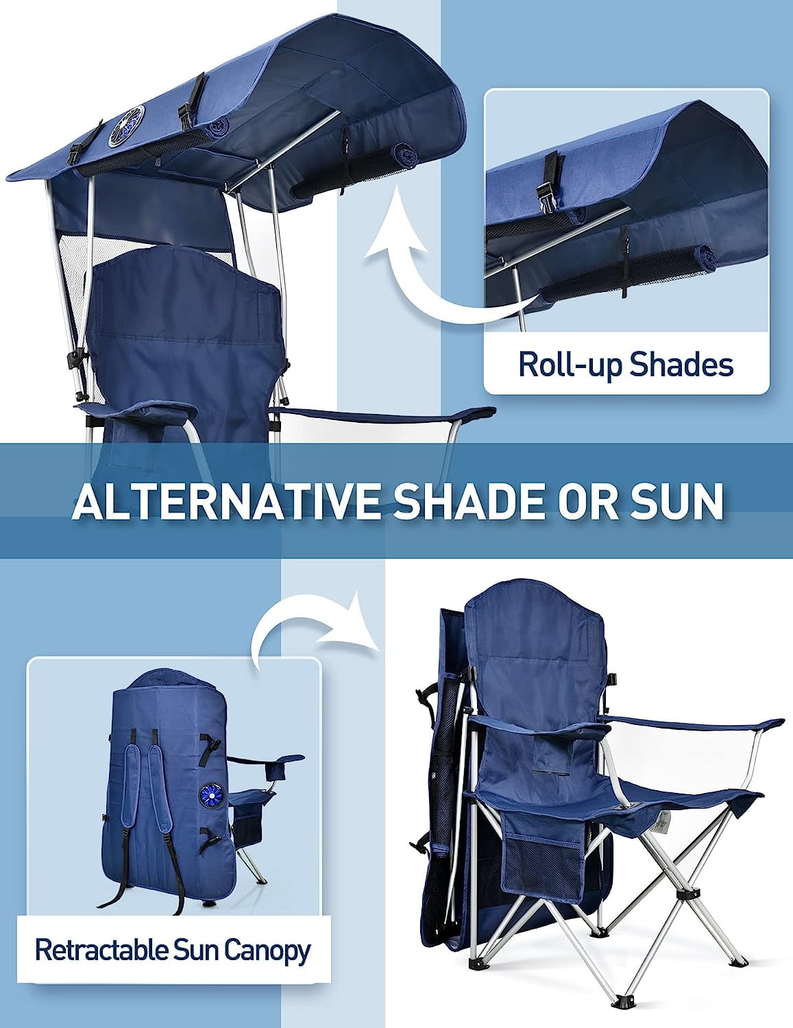 Canopy Chair with Fan, Folding Chair with Retractable UPF 50+ Shade