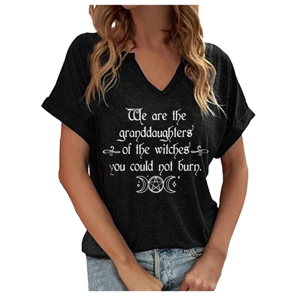 Lkhaha Women Letter Print Graphic V Neck T Shirts Gothic Tops Short Sleeve Tees Black L