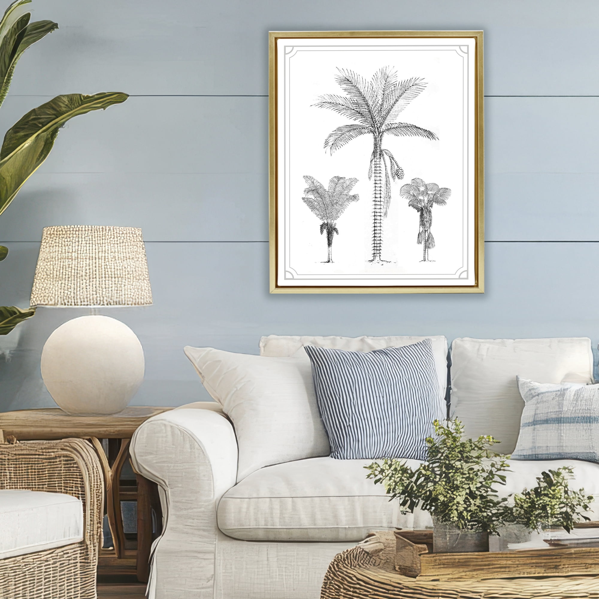 Palm Tree Trio Sketches Gold Framed Floater Canvas Wall Art, design by Lettered and Lined