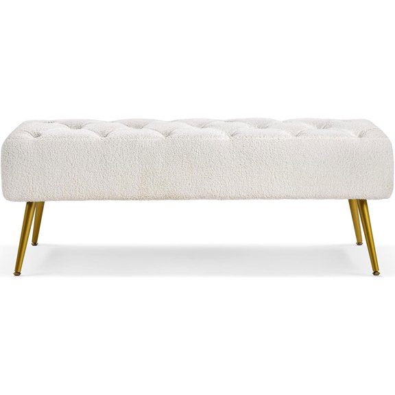 ZALIX Dining Bench, Button-Tufted Upholstered Bench with Gold Metal Base for Kitchen, Living Room, Entryway - Ivory