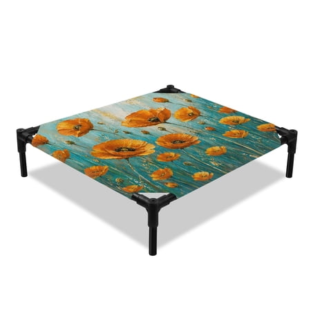 Yellow Floral Elevated Dog Bed Country Farmhouse Garden Botanical Flowers Green Field Cooling Breathable Outdoor Raised Dog Cot Bed with Metal Frame Non-Slip Feet for Small Dog 20x20in