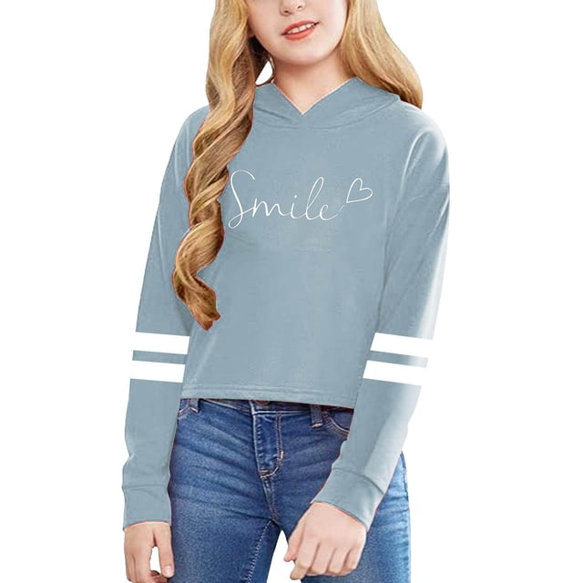 GDREDA Spring Sweatshirt Children Girls Long Sleeve Letters Solid Color Short Hoodie Hoodie Top For Large Children Light Blue,10-12 Years