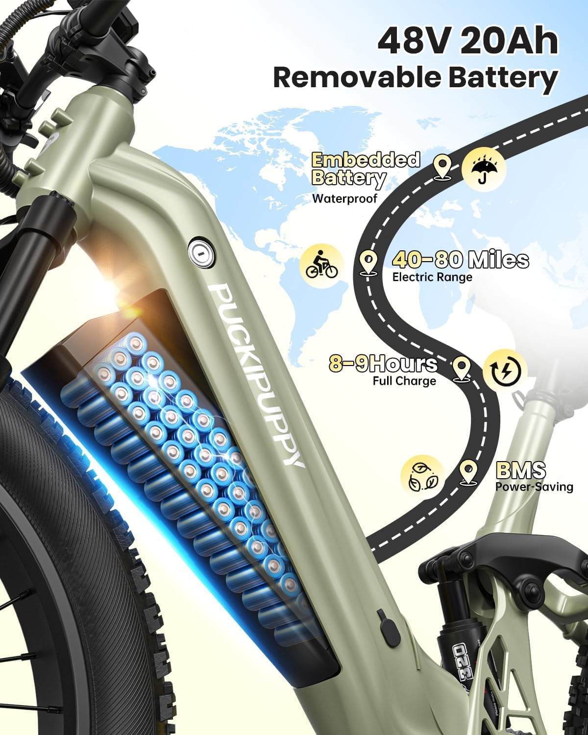 PUCKIPUPPY Electric Bikes for Adults 26" Step-Thru Ebikes 960W Peak Motor 80Miles Range 28mph Max Speed 48V 20AH Battery Full Suspension Fat Tire Mountain E Bike 7 Speed, Comply with UL2849 By SGS