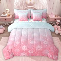 Homewish Xmas Snowflake Twin Bedding Sets 7-Piece for Kids Boys Girls,Gradient Ombre Bedding Comforter Set Microfiber,Merry Christmas Breathable Sheet Sets,Breathable Home Decor,Reversible