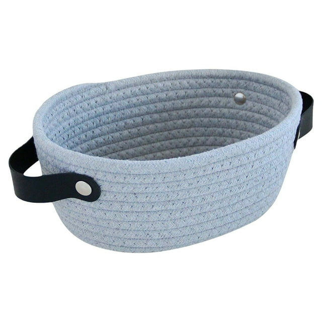 Cesta de almacenamiento de cuerda tejida a mano con asas de cuero • Contenedor organizador de 9,1" x 11,8" x 4,7" para entrada, salón, dormitorio • Blanco, azul marino, caqui, gris, marrón