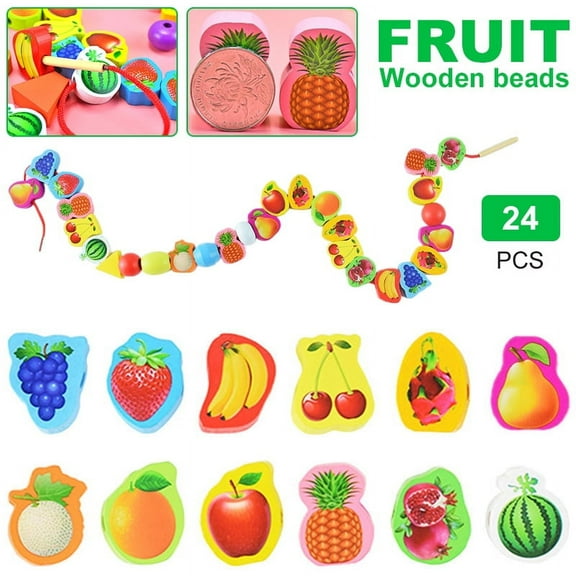 LNKOO Preschool Fruits Lacing Beads for Kids - 24 Pcs Stringing Beads with 1 Strings Toddler Crafts with Travel Tote - Montessori Toys for Toddlers Occupational Therapy Fine Motor Skills Toys Autism