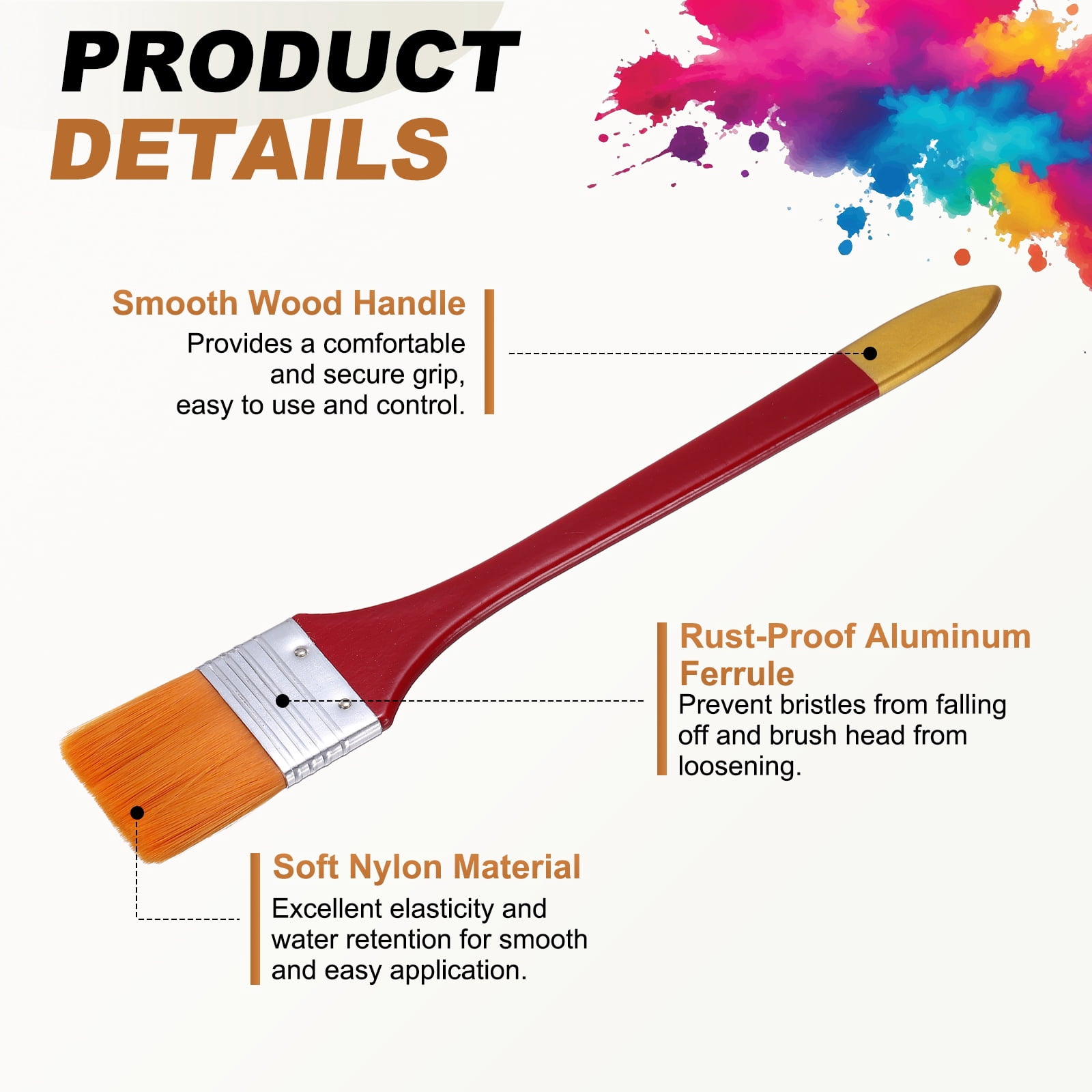 Uxcell 10 Pcs Flat Paint Brush 1.57" Width Nylon Acrylic Painting Brushes Professional Paint Tools with Wooden Handle Orange Bristles for Watercolor Oil Crafts Face Body Art, Red/Yellow