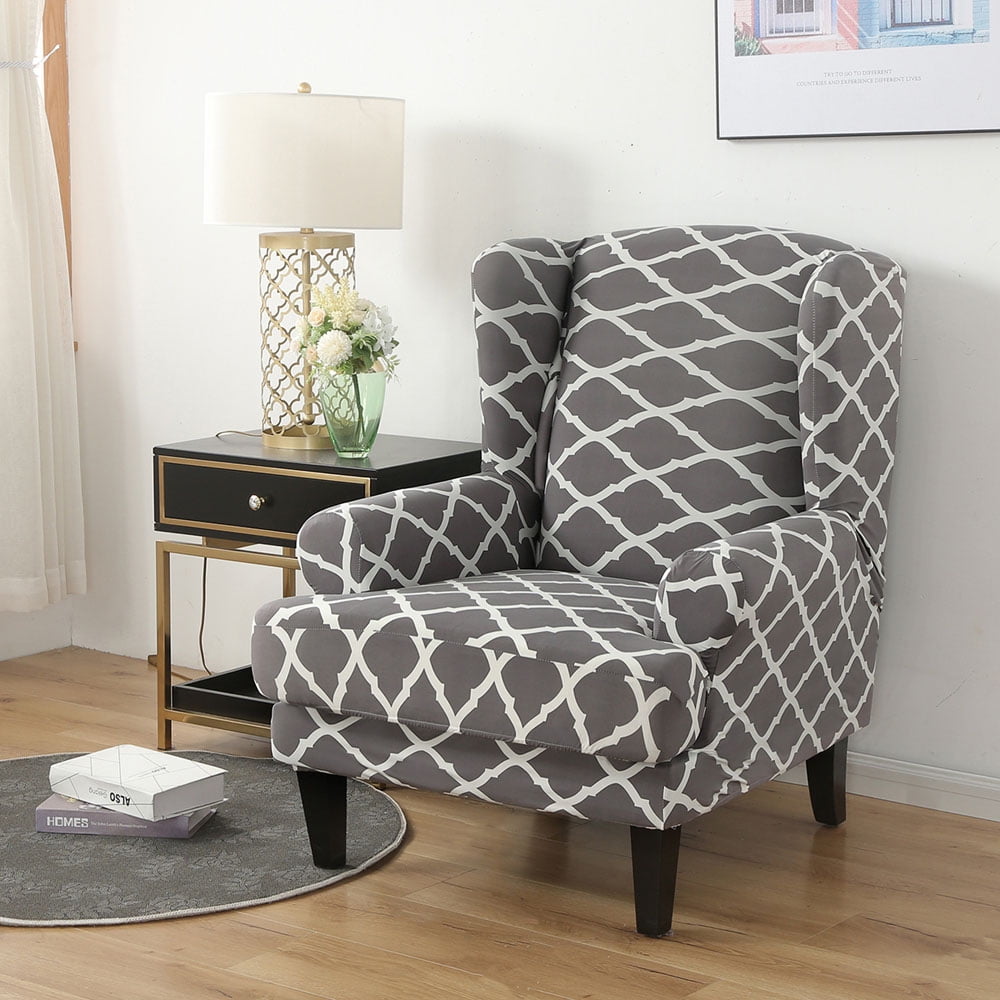 Stretch 2Piece Elegant Geometric Wing Chair Slipcover Gray