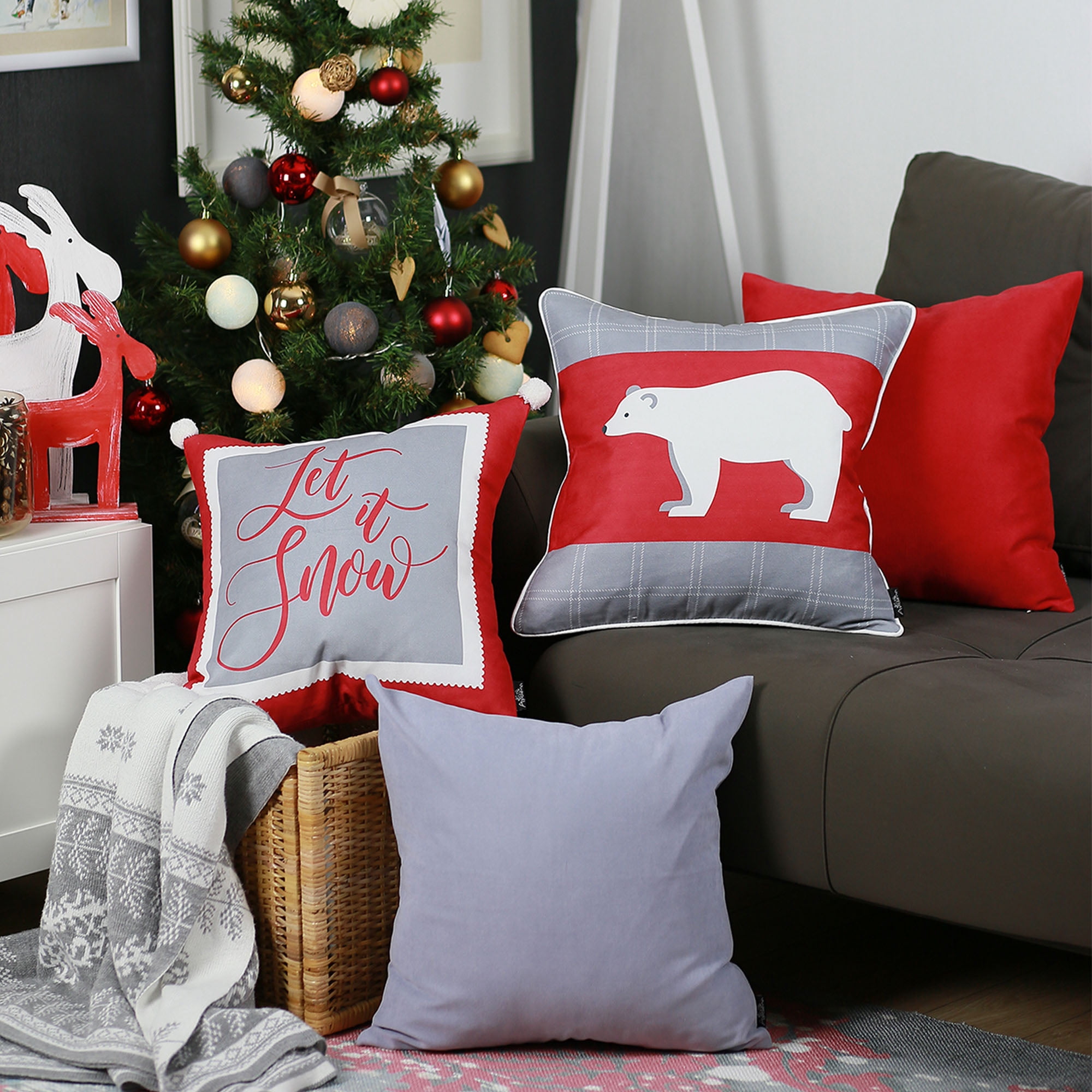 Christmas Themed Red and Gray Polyester Throw Pillow Set