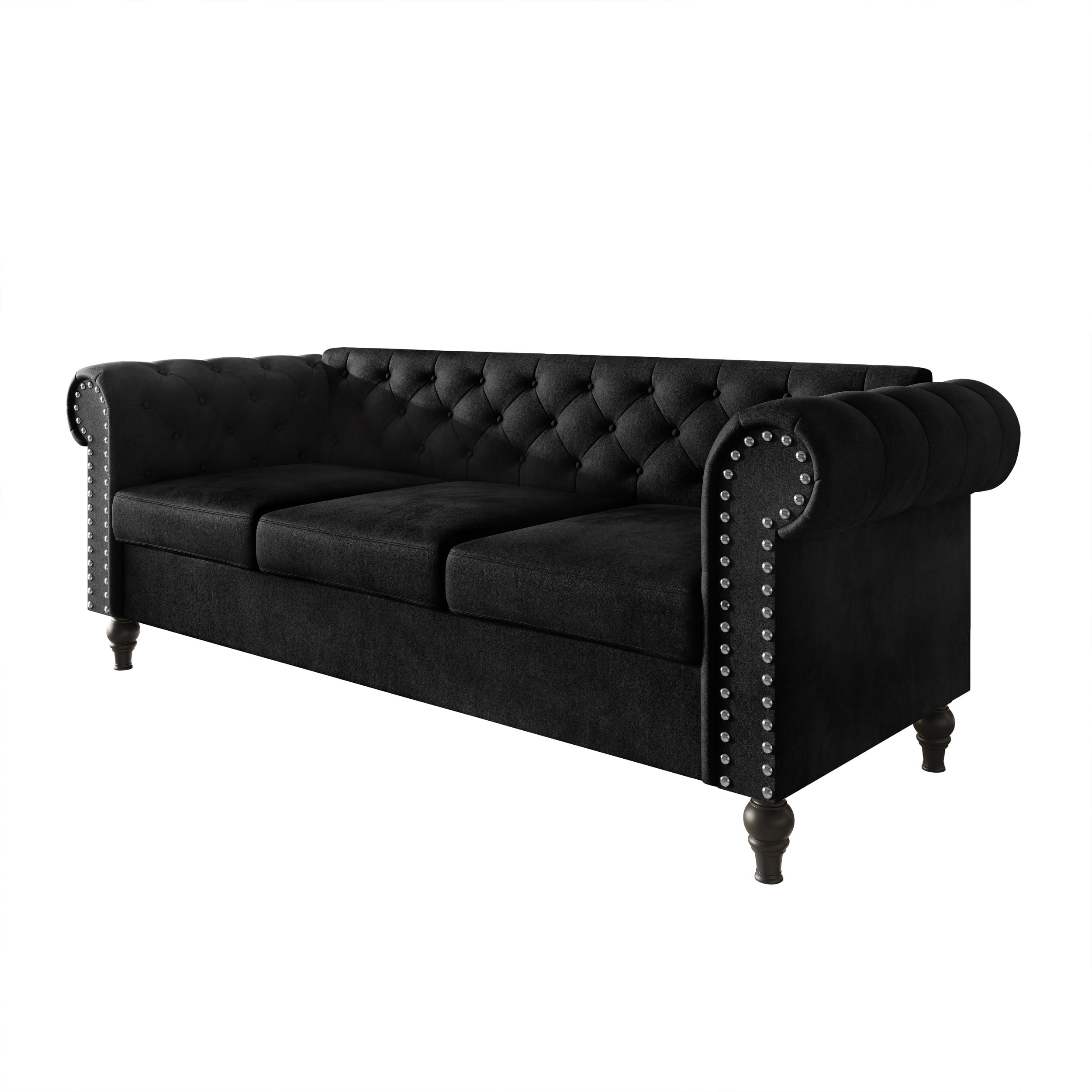 Home Design Kelso Velvet Rolled Arm Sofa with Deep Button Tufting, Nailhead Trim and Turned Legs, Black