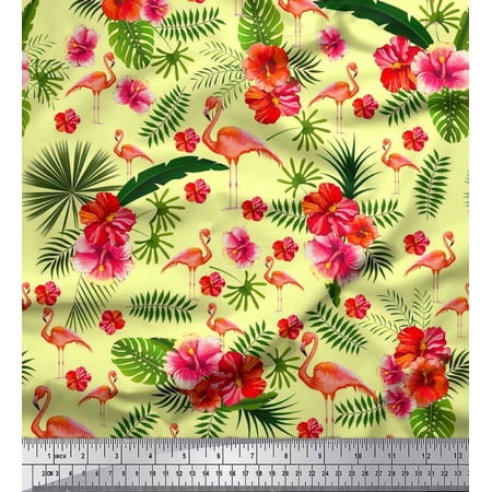 Soimoi Poly Georgette Fabric Tropical Leaves Floral & Flamingo Bird Print Fabric by The Yard 52 Inch Wide